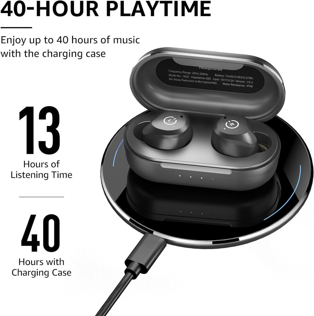 TOZO NC9 Hybrid Active Noise Cancelling Wireless Earbuds, in Ear Headphones IPX6 Waterproof Bluetooth 5.3 Stereo Earphones, Immersive Sound Premium Deep Bass Headset Matte Black