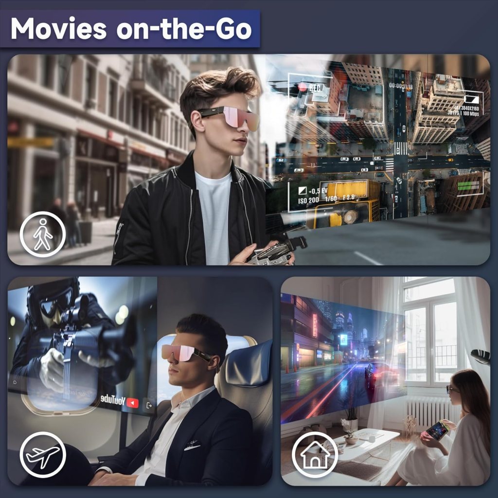 AR Glasses with Colorful  Stylish Lenses, Augmented Reality Smart Glasses, Dynamic Stereo Sound, Portable Massive 1080P Video Display Virtual Theater, Watch and Game on PC/Android/iOS/Consoles