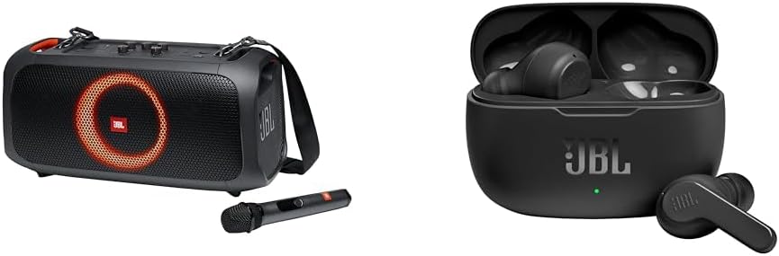 JBL PartyBox On-The-Go Powerful Portable Bluetooth Party Speaker with Dynamic Light Show, Black Vibe 200TWS True Wireless Earbuds - Black, Small JBL PartyBox On-The-Go Powerful Portable Bluetooth Party Speaker with Dynamic Light Show, Black Vibe 200TWS True Wireless Earbuds - Black, Small