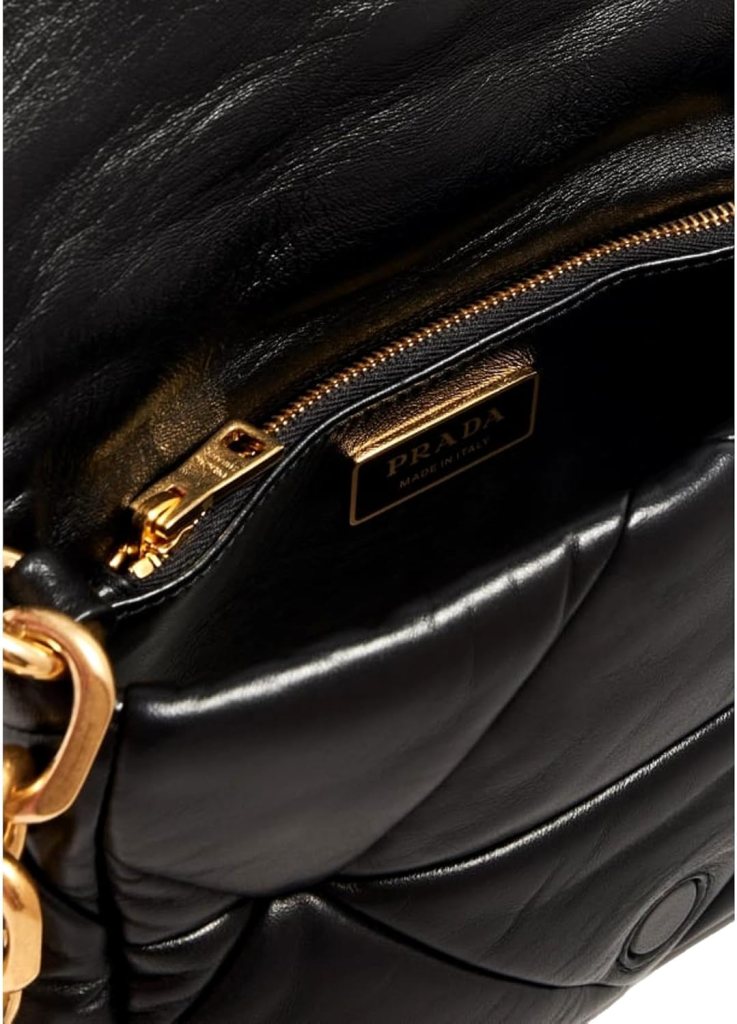 Prada Womens Gold Logo Black Quilted Nappa Patch Leather Small Shoulder Bag 1BD392