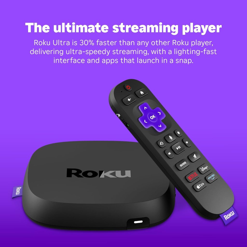 Roku Ultra 2024 - Ultimate Streaming Player - 4K Streaming Device for TV with HDR10+, Dolby Vision Atmos - Bluetooth Wi-Fi 6- Rechargeable Voice Remote Pro with Backlit Buttons - Free Live TV Roku Ultra 2024 - Ultimate Streaming Player - 4K Streaming Device for TV with HDR10+, Dolby Vision Atmos - Bluetooth Wi-Fi 6- Rechargeable Voice Remote Pro with Backlit Buttons - Free Live TV