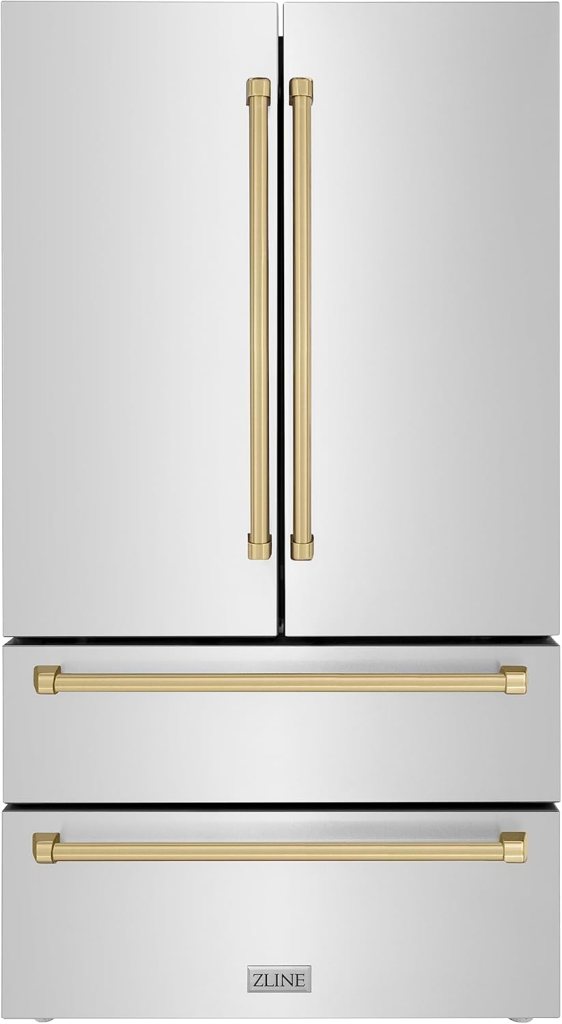 ZLINE 36 Autograph Edition 22.5 cu. ft 4-Door French Door Refrigerator with Ice Maker in Fingerprint Resistant Stainless Steel with Champagne Bronze Traditional Handles (RFMZ-36-CB)