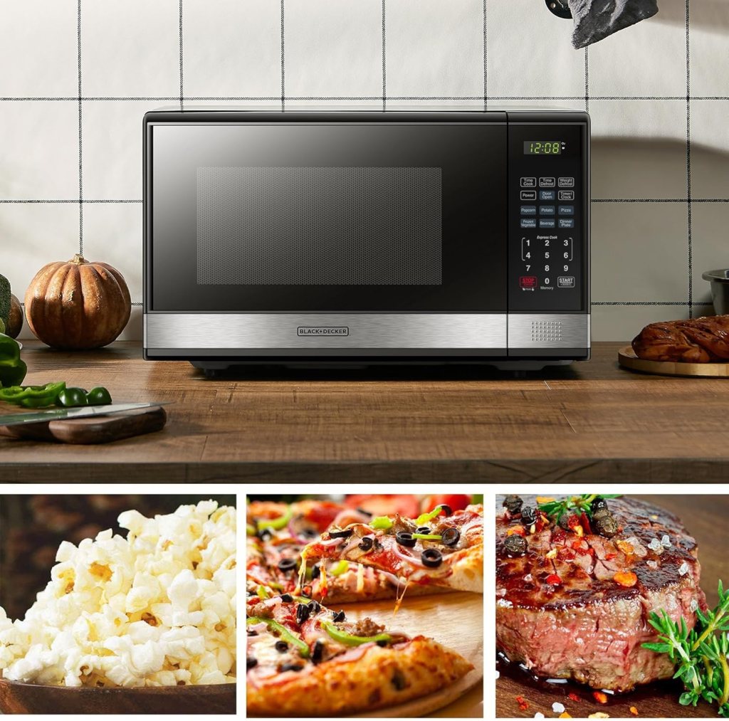 BLACK+DECKER Digital Microwave Oven with Turntable Push-Button Door, Child Safety Lock, Stainless Steel, 0.9 Cu Ft