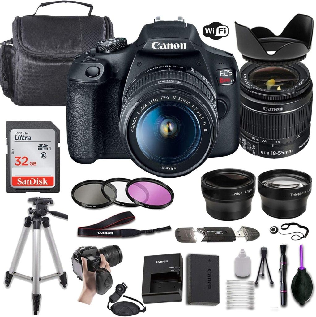 Canon EOS Rebel T7 DSLR Camera with 18-55mm is II Lens + Canon EF 75-300mm f/4-5.6 III Lens and 500mm Preset Lens + 32GB Memory + Filters + Monopod + Professional Bundle (Renewed)