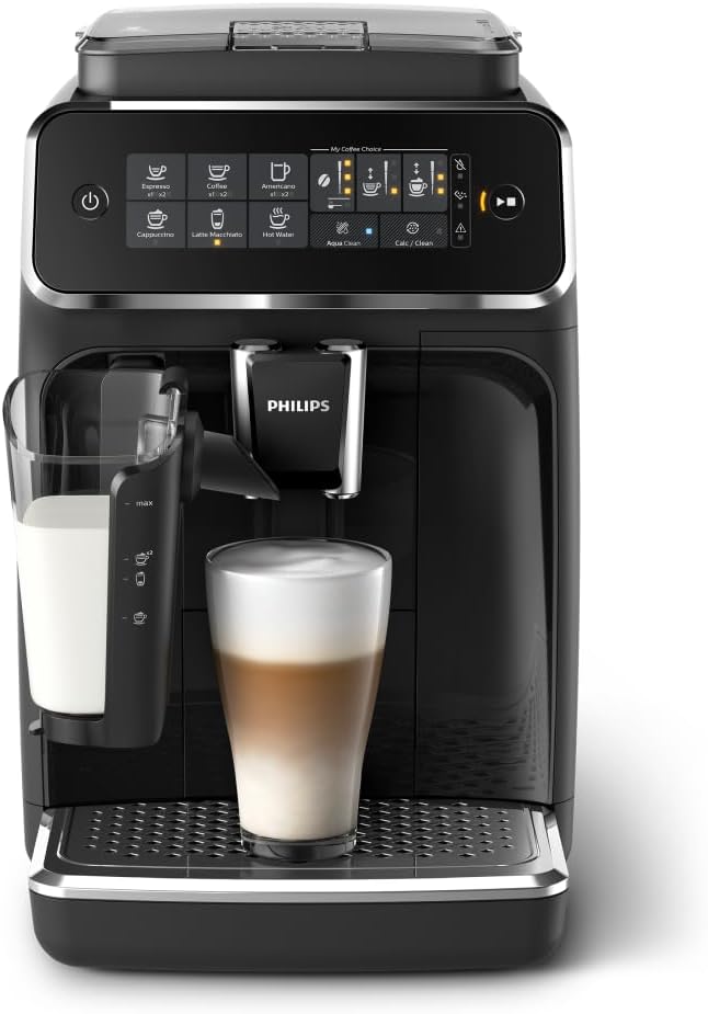 PHILIPS 3200 Series Fully Automatic Coffee Machine - 5 Delicious Coffees, LatteGo Milk System, Durable Ceramic Grinders, Intuitive Touch Display, Glossy Black (EP3241/54)