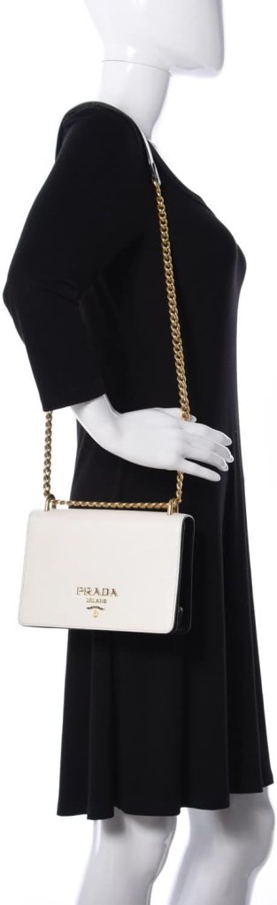 Prada Bianco White Black Saffiano Leather Chain Crossbody Bag 1BD133