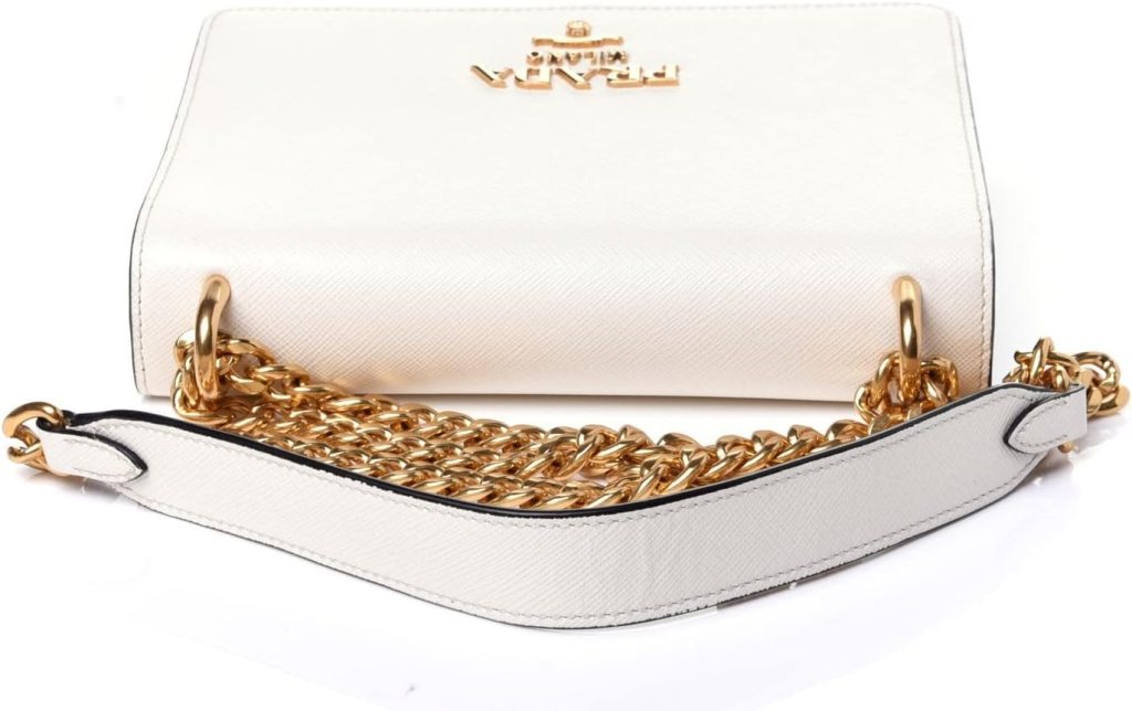 Prada Bianco White Black Saffiano Leather Chain Crossbody Bag 1BD133
