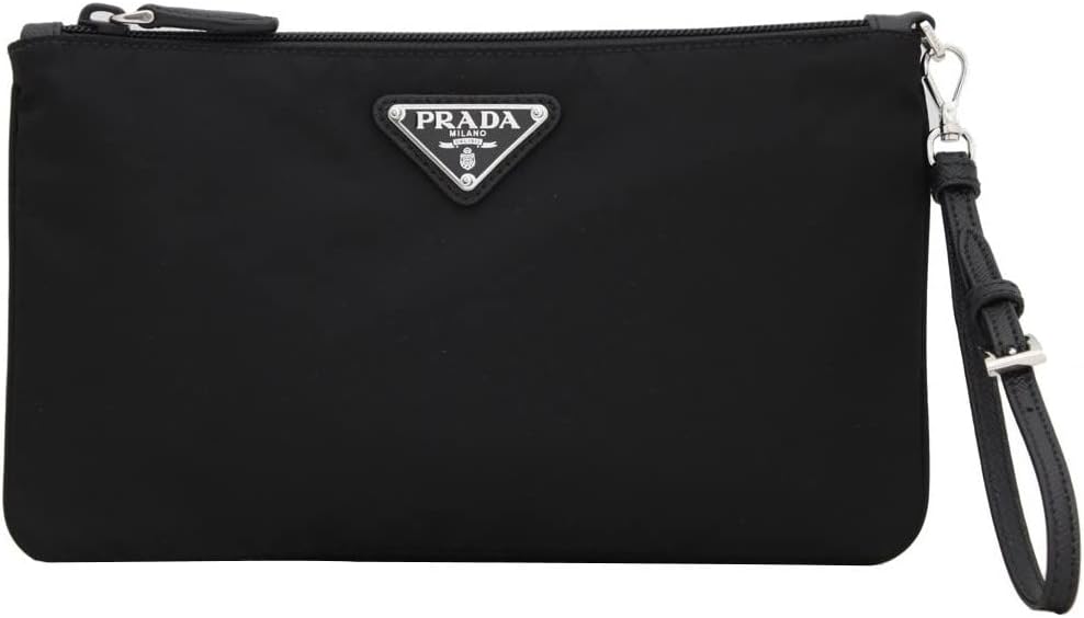Prada Black Tessuto Nylon Pouch Case Clutch w Silver Prada Logo 1NH545, Small