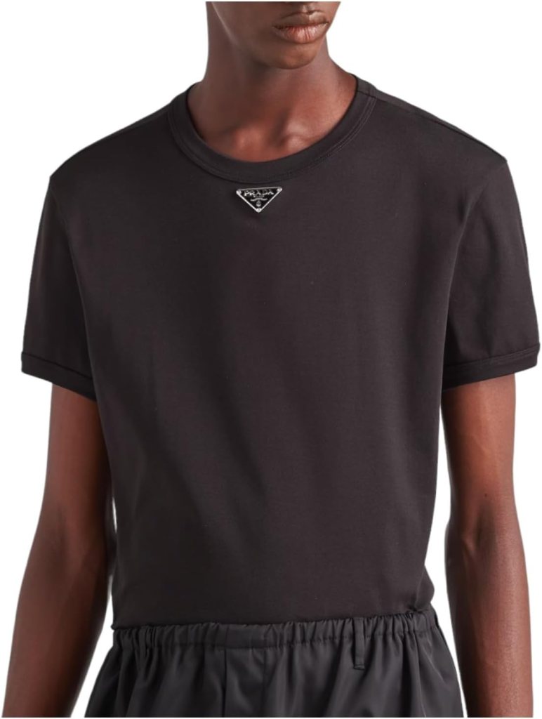 Prada Cotton T-Shirt with Enameled Metal Triangle Logo