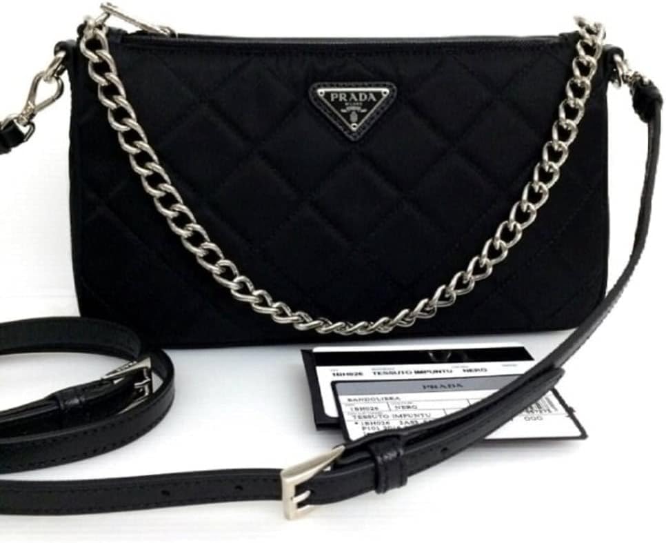 Prada Quilted Tessuto Nylon Chain Black Convertible Shoulder Bag 1BH026