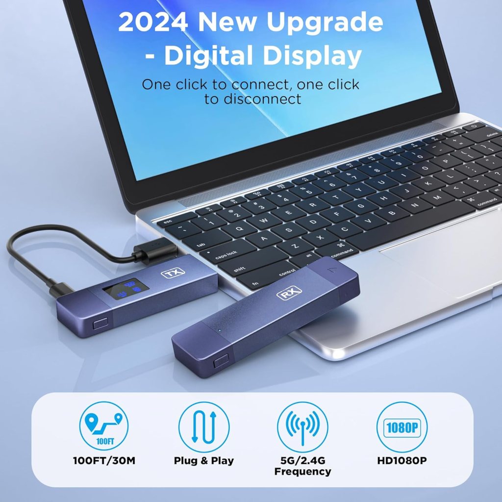 Wireless HDMI Transmitter and Receiver, Wireless HD Extender Plug  Play Portable 2.4G/5G with LED Screen Wireless HDMI Kit for Streaming Video and Audio to Monitor from Laptop/Pc/Tv Box/Projector