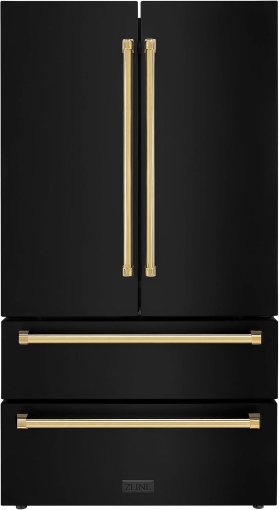 ZLINE 36 Autograph Edition 22.5 cu. ft 4-Door French Door Refrigerator with Ice Maker in Fingerprint Resistant Black Stainless Steel with Polished Gold Traditional Handles (RFMZ-36-BS-G)