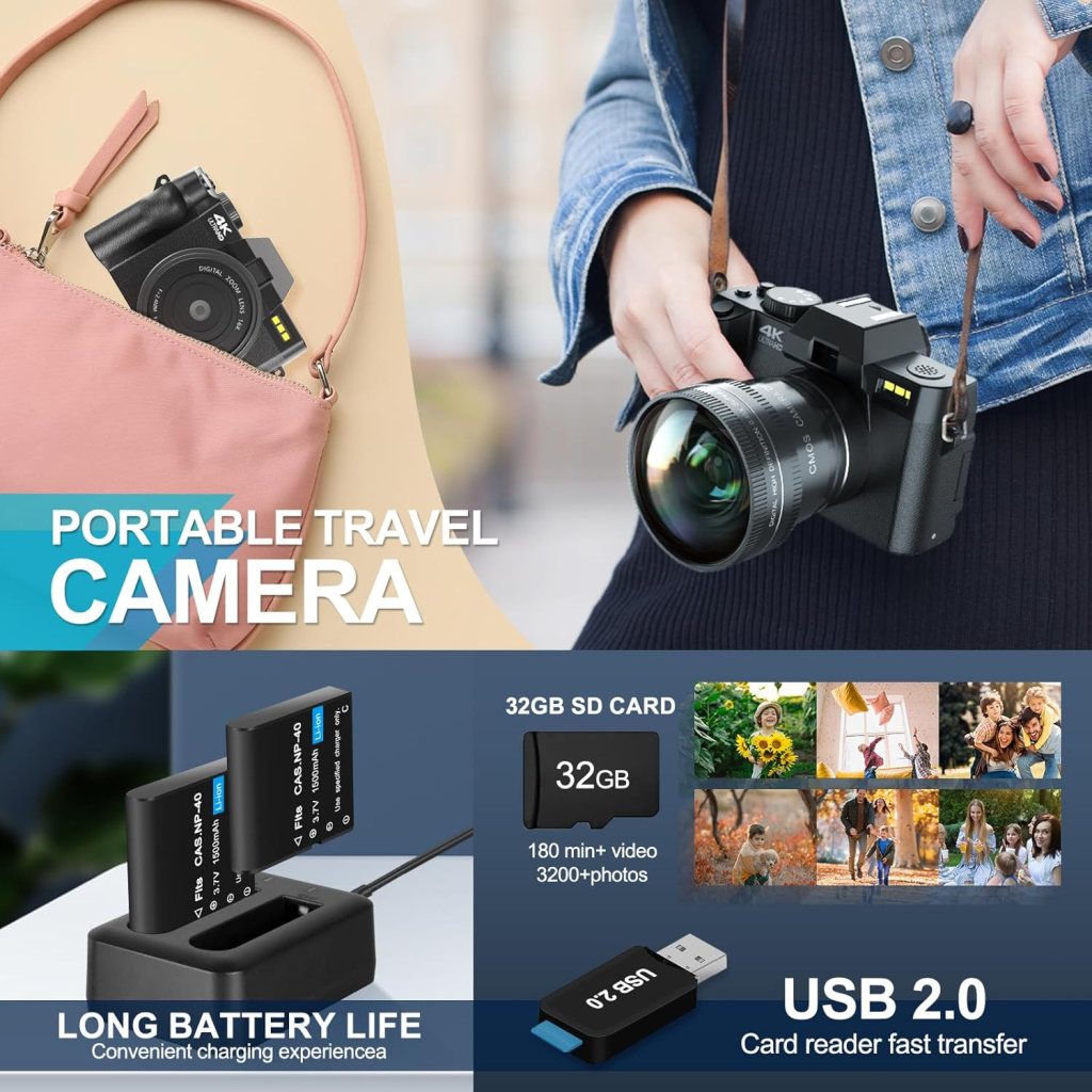 48MP Digital Cameras for Photography with WiFi  App Control,4K Autofocus Vlogging Camera for YouTube with 16X Zoom, Anti-Shake, 32GB TF Card, Dual Batteries, 52mm Wide Angle  Macro Lens (S100 Black)