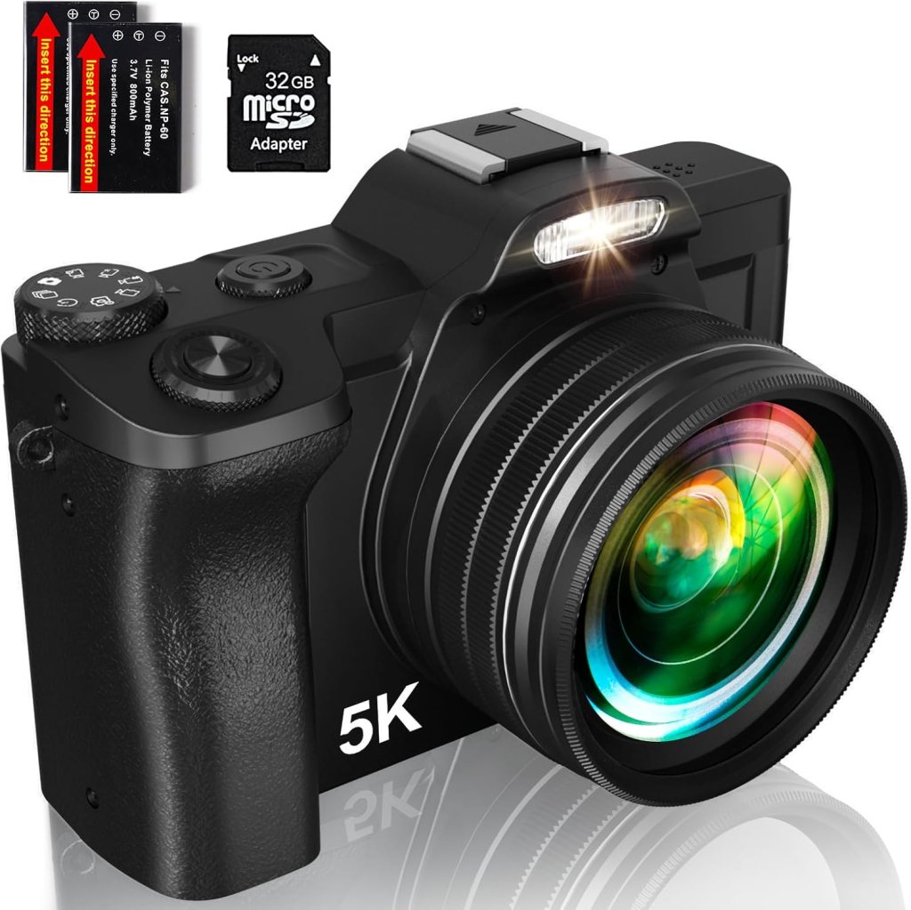 5K Digital Camera for Photography, WiFi Auto Focus Vlogging Video Camera for YouTube with 32GB SD Card, 6-axis Anti-Shake 3.5 Screen Fill Light 5K Camera with 58mm UV Filter, 16X Digital Zoom Camera