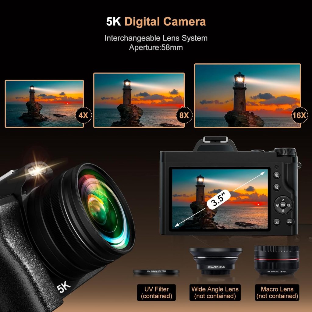 5K Digital Camera for Photography, WiFi Auto Focus Vlogging Video Camera for YouTube with 32GB SD Card, 6-axis Anti-Shake 3.5 Screen Fill Light 5K Camera with 58mm UV Filter, 16X Digital Zoom Camera