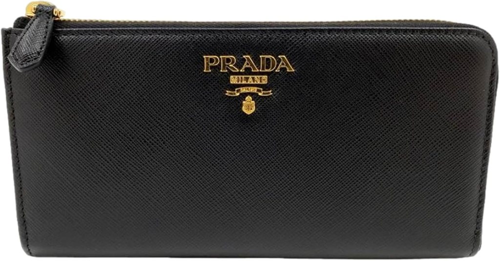 Prada Saffiano Long Continental Zip Wallet Black Leather Gold Logo