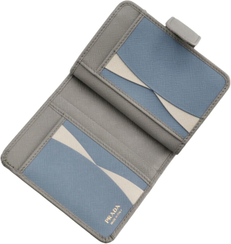 Prada Wallets Womens Bi Color Saffiano Leather Grey and Astrale Blue Snap Trifold Wallet Leather Wallet For Women