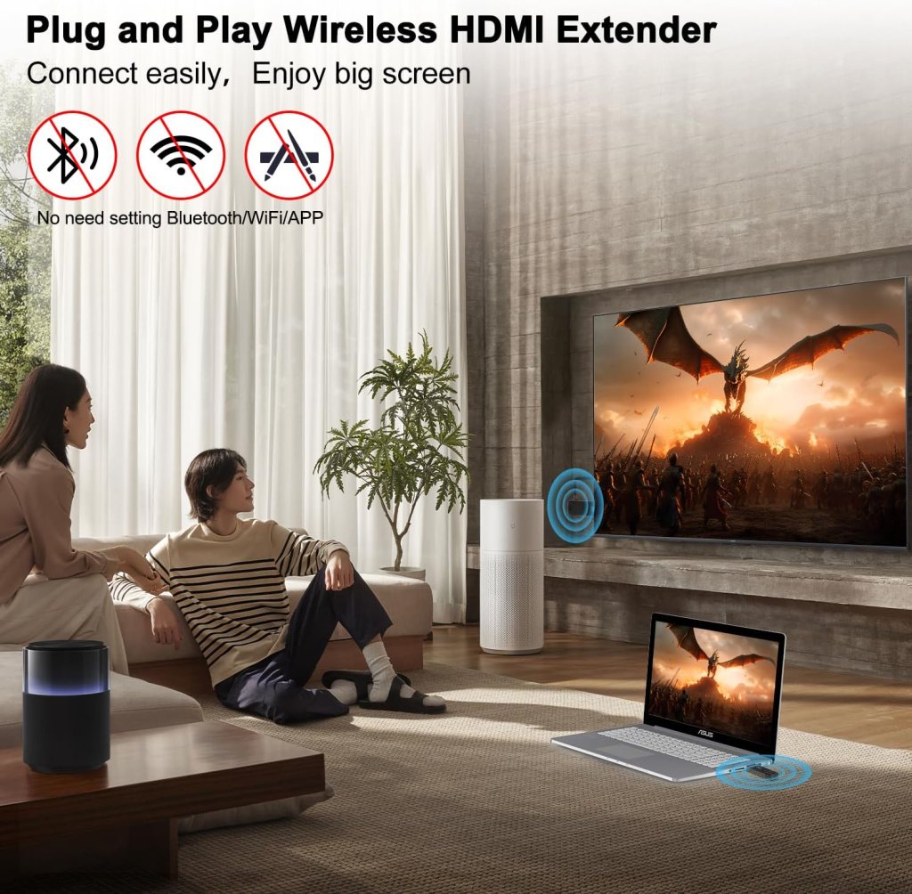 Wireless HDMI Transmitter and Receiver, Plug  Play, 2.4G/5G Wireless HDMI Extender 4K Decoding  1080P Output with LED Screen for Streaming Video and Audio to Monitor from Laptop/PC/TV Box/Projector