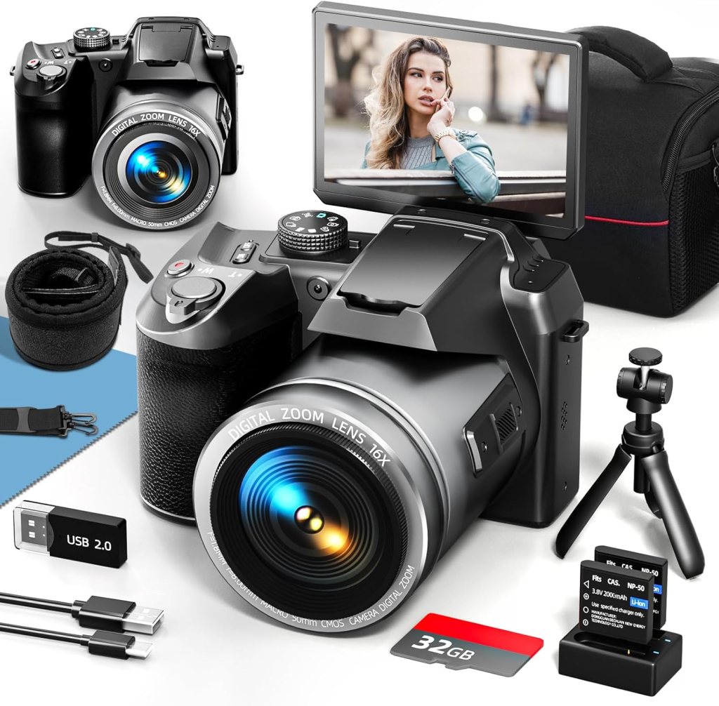 64MP Digital Camera for Photography, 4K Vlogging Camera for YouTube with 3” Flip Screen,16X Digital Zoom, WiFi Autofocus,2 Batteries, 32GB TF Card(S200,Black)