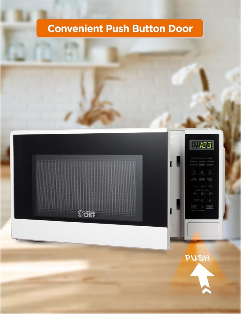 COMMERCIAL CHEF 1.1 Cu Ft Microwave with 10 Power Levels, Small Microwave with Push Button, 1000W Countertop Microwave with Kitchen Timer, Door Lock,  Digital Controls, White