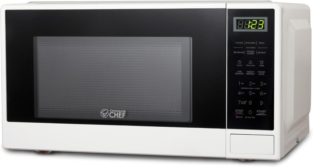 COMMERCIAL CHEF 1.1 Cu Ft Microwave with 10 Power Levels, Small Microwave with Push Button, 1000W Countertop Microwave with Kitchen Timer, Door Lock,  Digital Controls, White