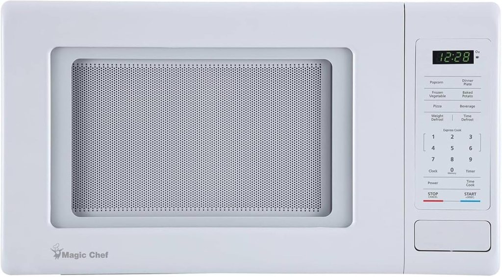Magic Chef 0.9 Cubic Feet 900 Watt Stainless Countertop Microwave Oven for Compact Spaces with 6 Pre Programmed Cooking Modes, White