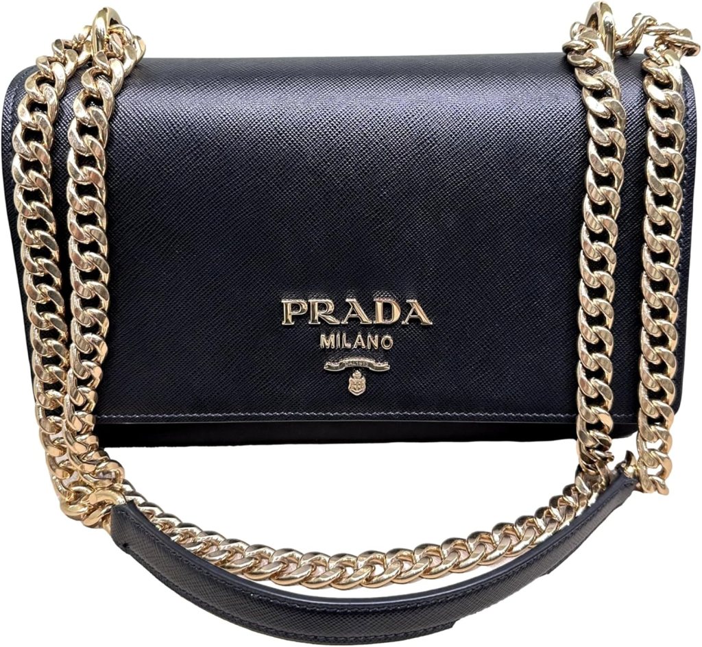 Prada Small Black Saffiano Leather Canvas with Gold Chain Straps Crossbody Bag