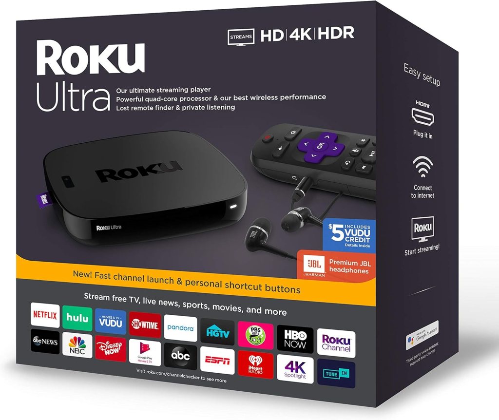 Roku Ultra Streaming Media Player 4K/HD/HDR Premium JBL Headphones w/Ghost Manta 4K HDMI Cable