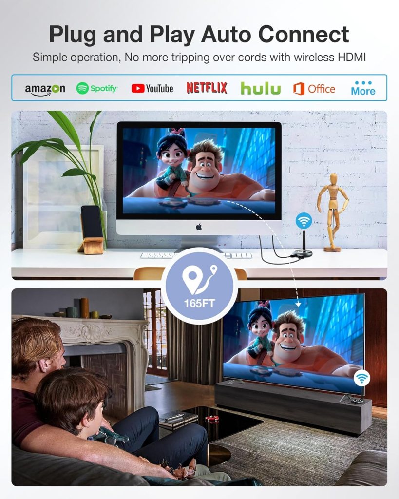 Wireless HDMI Transmitter and 4 Receivers, Wirelessly Simultaneous Expansion of Multiple Televisions,5G 1080P@ 60HZ HDMI Extender,Plug and Play- Stream Video Audio for PC/Laptop/TVs