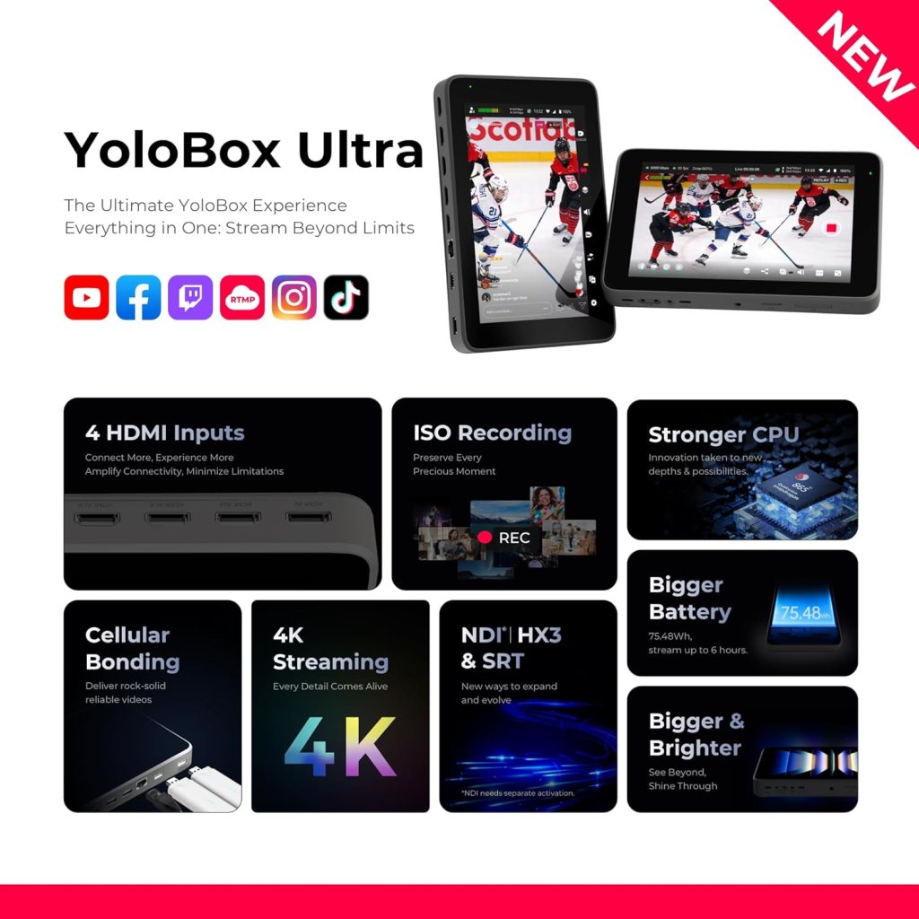 YoloLiv YoloBox Ultra, The Ultimate Horizontal/Vertical NDI Live Streaming Equipment Switcher Monitor Encoder Recorder, for Facebook, YouTube, Instagram, Tiktok, RTMPS