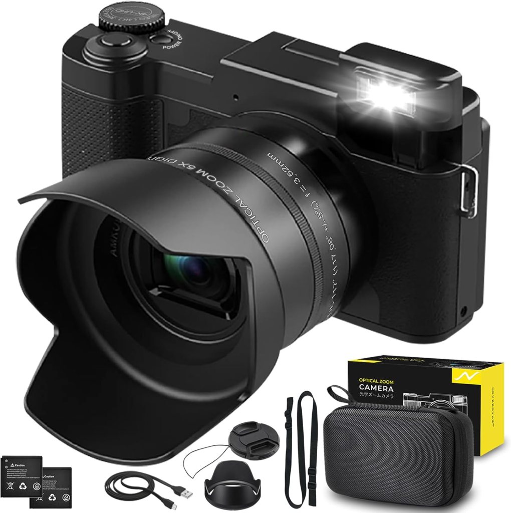 5K Digital Camera, 5X Optical Zoom Cameras for Photography  Video, 64MP Autofocus Vlogging Cameras for Youtube, Flip Screen Camera for Beginners with Carring Bag Case, Lens Hood, Two Batteries