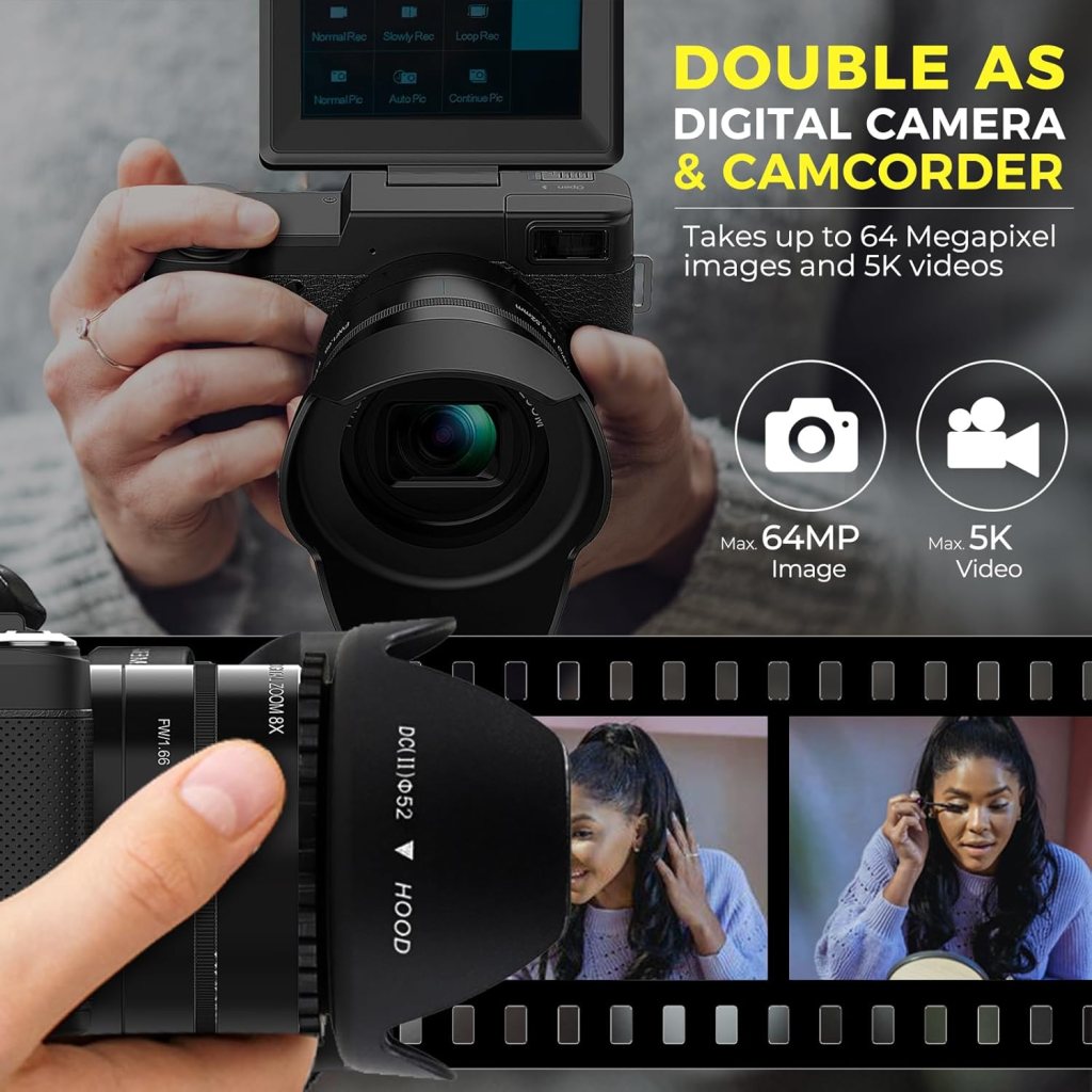 5K Digital Camera, 5X Optical Zoom Cameras for Photography  Video, 64MP Autofocus Vlogging Cameras for Youtube, Flip Screen Camera for Beginners with Carring Bag Case, Lens Hood, Two Batteries