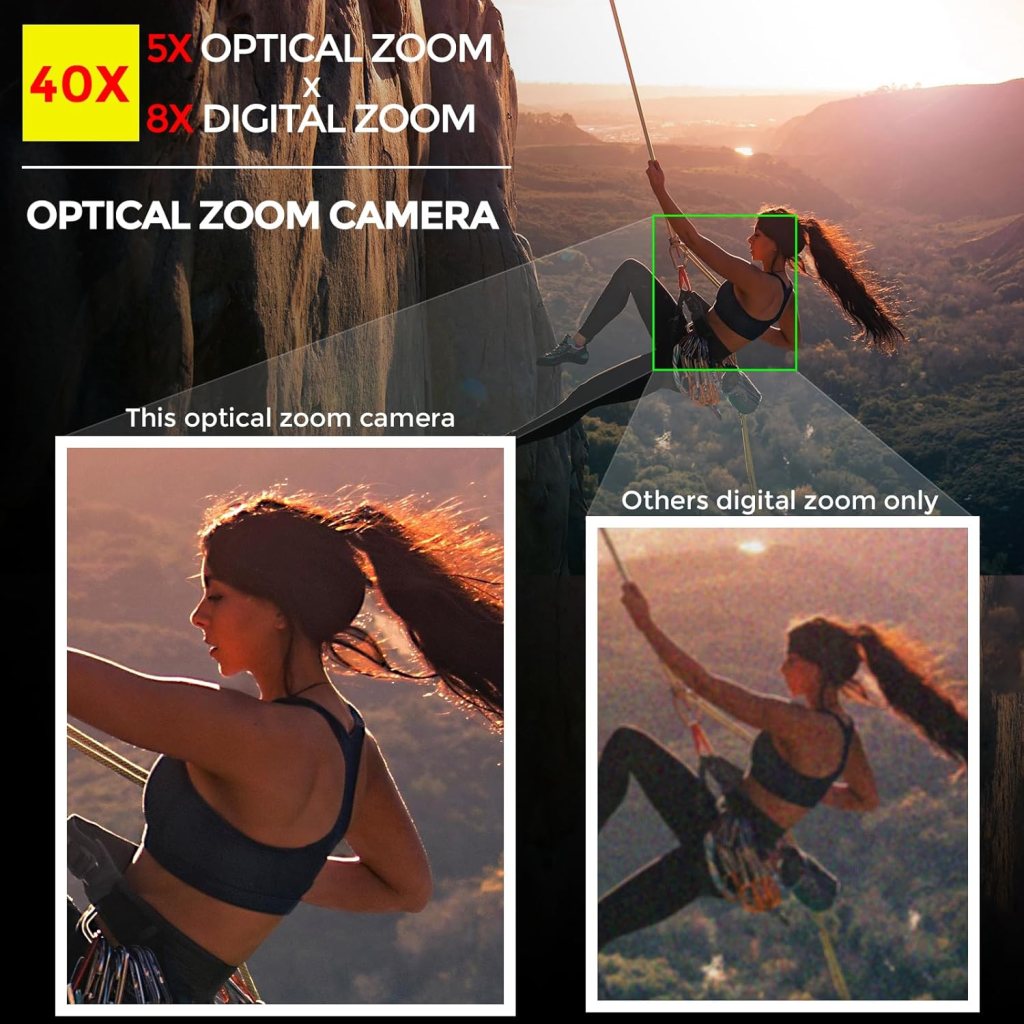 5K Digital Camera, 5X Optical Zoom Cameras for Photography  Video, 64MP Autofocus Vlogging Cameras for Youtube, Flip Screen Camera for Beginners with Carring Bag Case, Lens Hood, Two Batteries