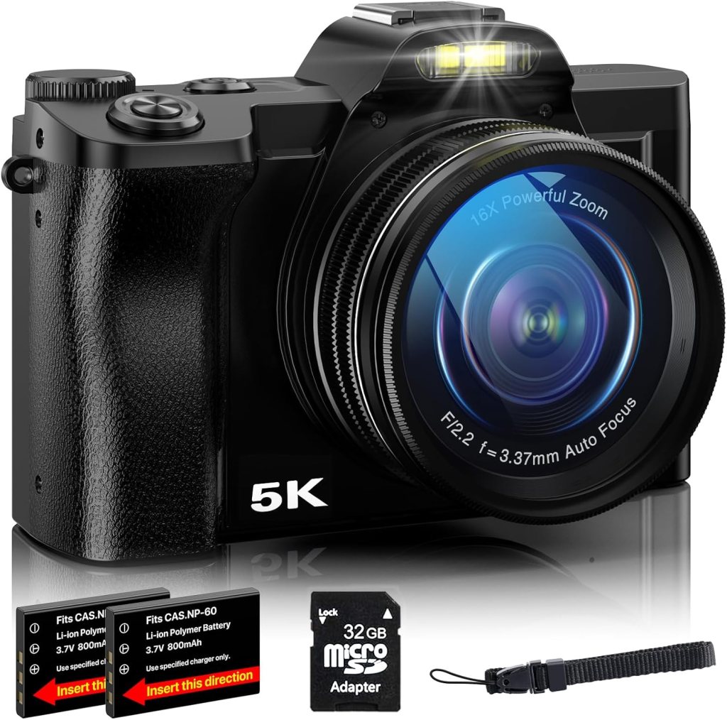 5K Digital Camera WiFi Autofocus Vlogging Camera for YouTube 48MP Camera for Photography and Video, 3.5 Screen Travel Camera with UV Filter, Anti-Shake,16X Digital Zoom,32GB SD Card,2 Batteries