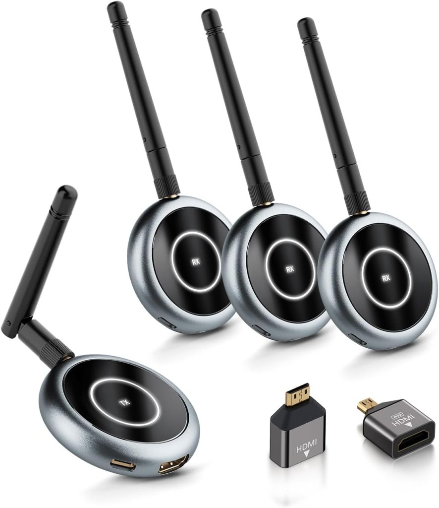 AIMIBO Wireless HDMI Transmitter and 3 Receivers, 165FT(50M) Plug Play HDMI Wireless Multiple TVs Extender with App Mirror, 5.8G @60Hz for Streaming from Laptop, Camera, TV Box, Neflix to Displays AIMIBO Wireless HDMI Transmitter and 3 Receivers, 165FT(50M) Plug Play HDMI Wireless Multiple TVs Extender with App Mirror, 5.8G @60Hz for Streaming from Laptop, Camera, TV Box, Neflix to Displays
