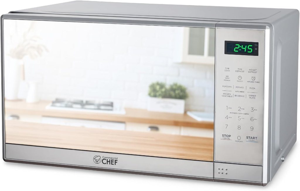 COMMERCIAL CHEF 0.7 Cu Ft Microwave with 10 Power Levels, 700W Microwave with Digital Display, Countertop Microwave with Child Safety Door Lock, Programmable with Push Button, Stainless Steel