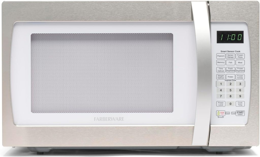 Farberware Countertop Microwave 1100 Watts, 1.3 cu ft - Smart Sensor Microwave Oven With LED Lighting and Child Lock - Perfect for Apartments and Dorms - Easy Clean Retro White, Platinum