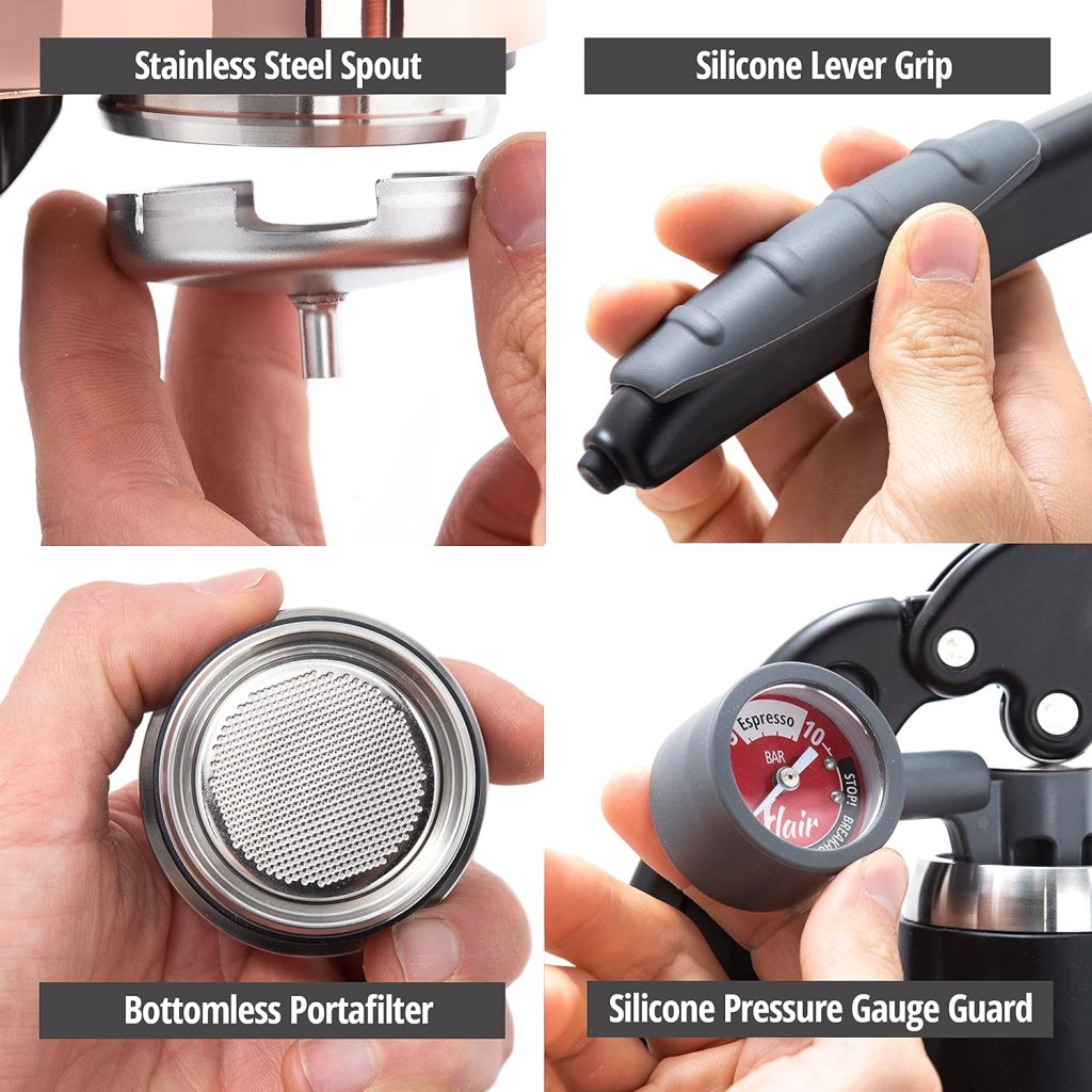 Flair UPDATED PRO 3 (Black) - All manual lever espresso maker with a stainless steel brew head, pressure gauge, and a shot mirror