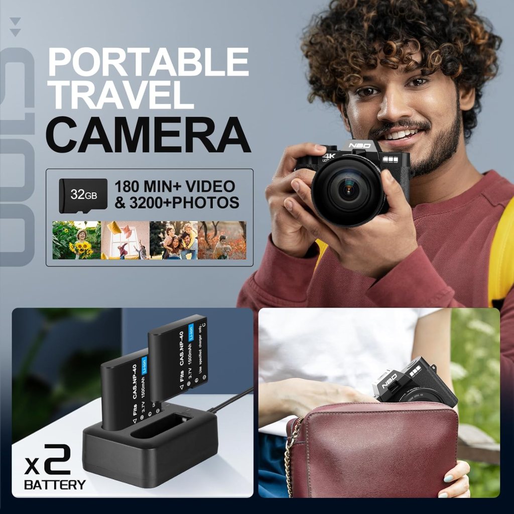NBD 4K Digital Cameras for Photography - 48MP Travel Photography  YouTube Vlogging Camera with Microphone16X Digital Zoom, Includes 32GB SD Card and Wide Angle Macro Lens