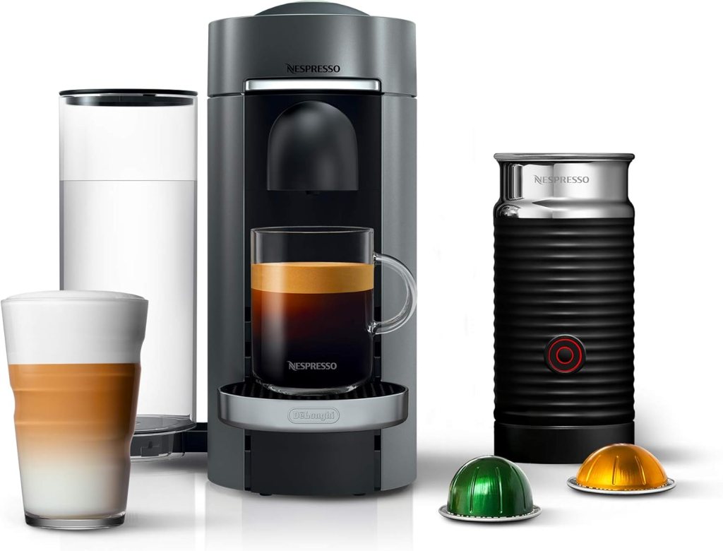 Nespresso Vertuo Plus Deluxe Coffee and Espresso Maker by DeLonghi, Titan with Aeroccino Milk Frother, 110 Volts