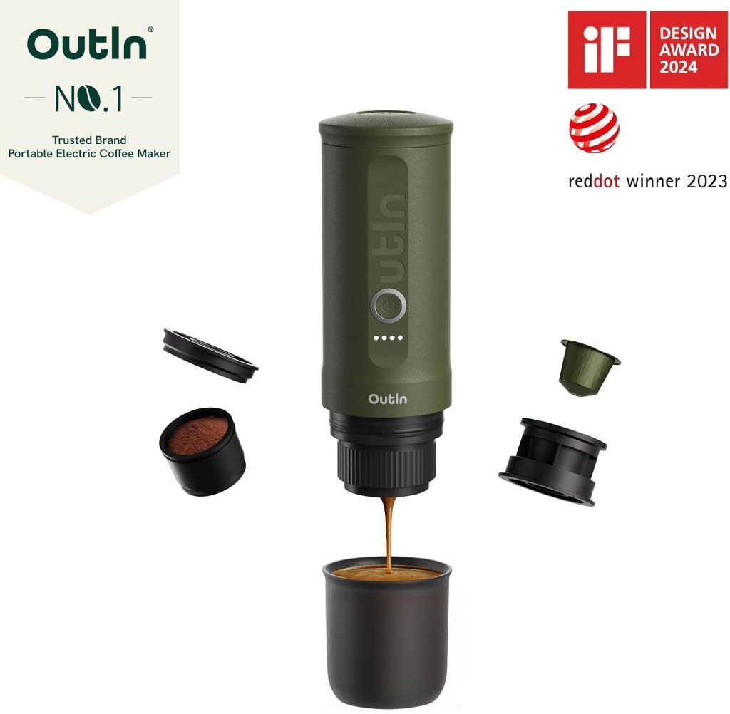 OutIn Nano Portable Electric Espresso Machine, Travel Coffee Maker for Camping, Car Coffee Maker Self-Heating with USB-C, With Ground Coffee  NS Capsule for RV, Hiking, Office