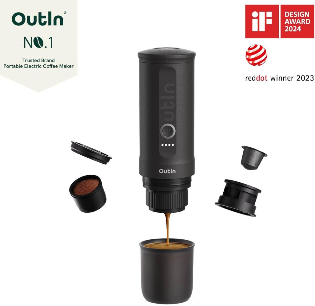 OutIn Nano Portable Electric Espresso Machine, Travel Coffee Maker for Camping, Car Coffee Maker Self-Heating with USB-C, With Ground Coffee  NS Capsule for RV, Hiking, Office