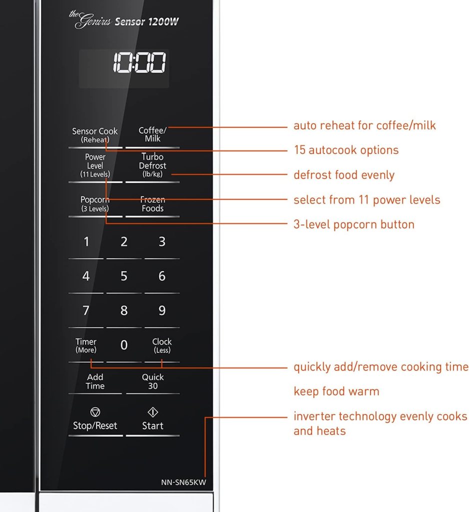 Panasonic NN-SN65KW Microwave Oven with Inverter Technology, 1200W, 1.2 cu.ft. Small Genius Sensor One-Touch Cooking, Popcorn Button, Turbo Defrost-NN-SN65KW-(White)