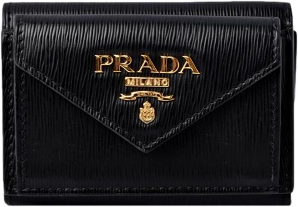 Prada Womens Vitello Move Black Leather Compact Envelope Trifold Wallet