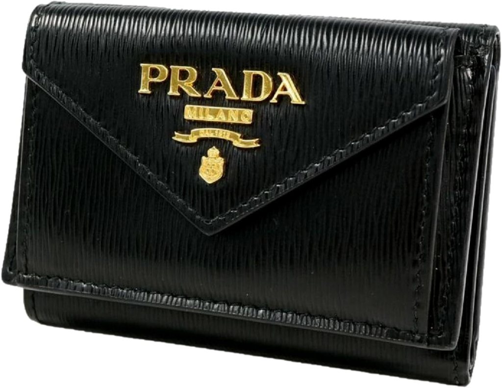Prada Womens Vitello Move Black Leather Compact Envelope Trifold Wallet