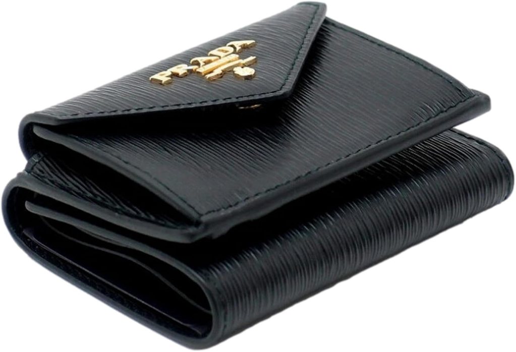Prada Womens Vitello Move Black Leather Compact Envelope Trifold Wallet