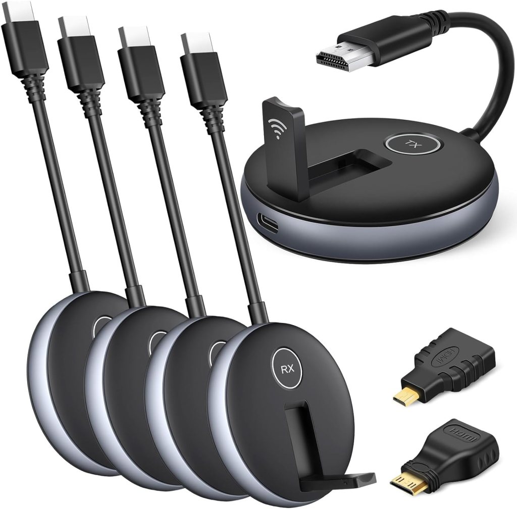 Wireless HDMI One Transmitter and Four Receivers, Wirelessly Simultaneous Multi-TV Expansion (UP to 4RX), Plug  Play Extender Kit, 50M/165FT 2.4G/5.8G @60Hz, Stream Video for Laptop/PC/HDTV/Monitor