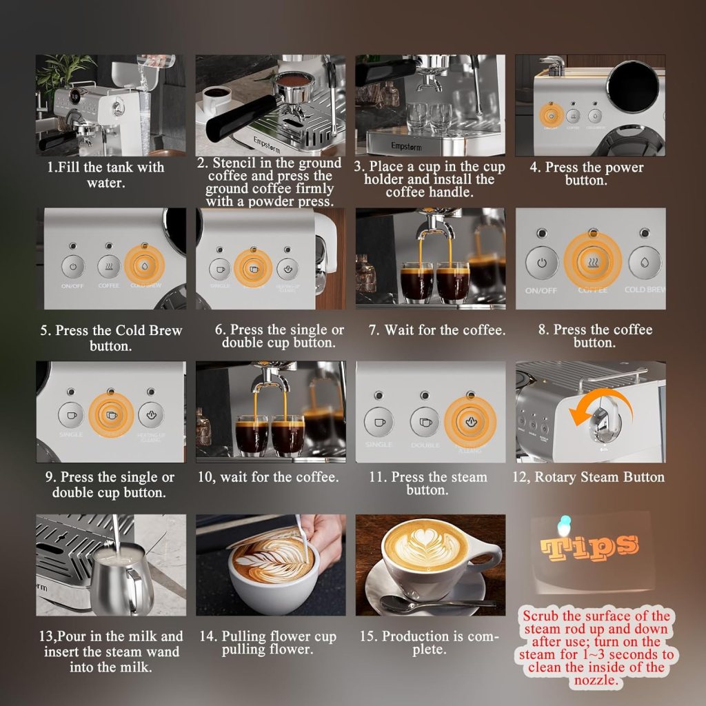 20 Bar Espresso Maker, Espresso Machine with Milk Frother Steam Wand, Compact Espresso Coffee Machine with for Cappuccino, Latte, Fast Heating (EM-CB1-01)