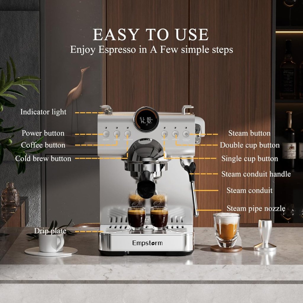 20 Bar Espresso Maker, Espresso Machine with Milk Frother Steam Wand, Compact Espresso Coffee Machine with for Cappuccino, Latte, Fast Heating (EM-CB1-01)