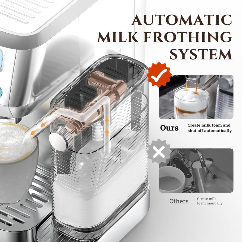 AMZCHEF Espresso Machine with LCD Display, 20 Bar Cappuccino Machines with Automatic Milk Frother for Home Gifts, Latte Coffee Maker with Dual Wall  Filters, Stainless Steel Style, Silver